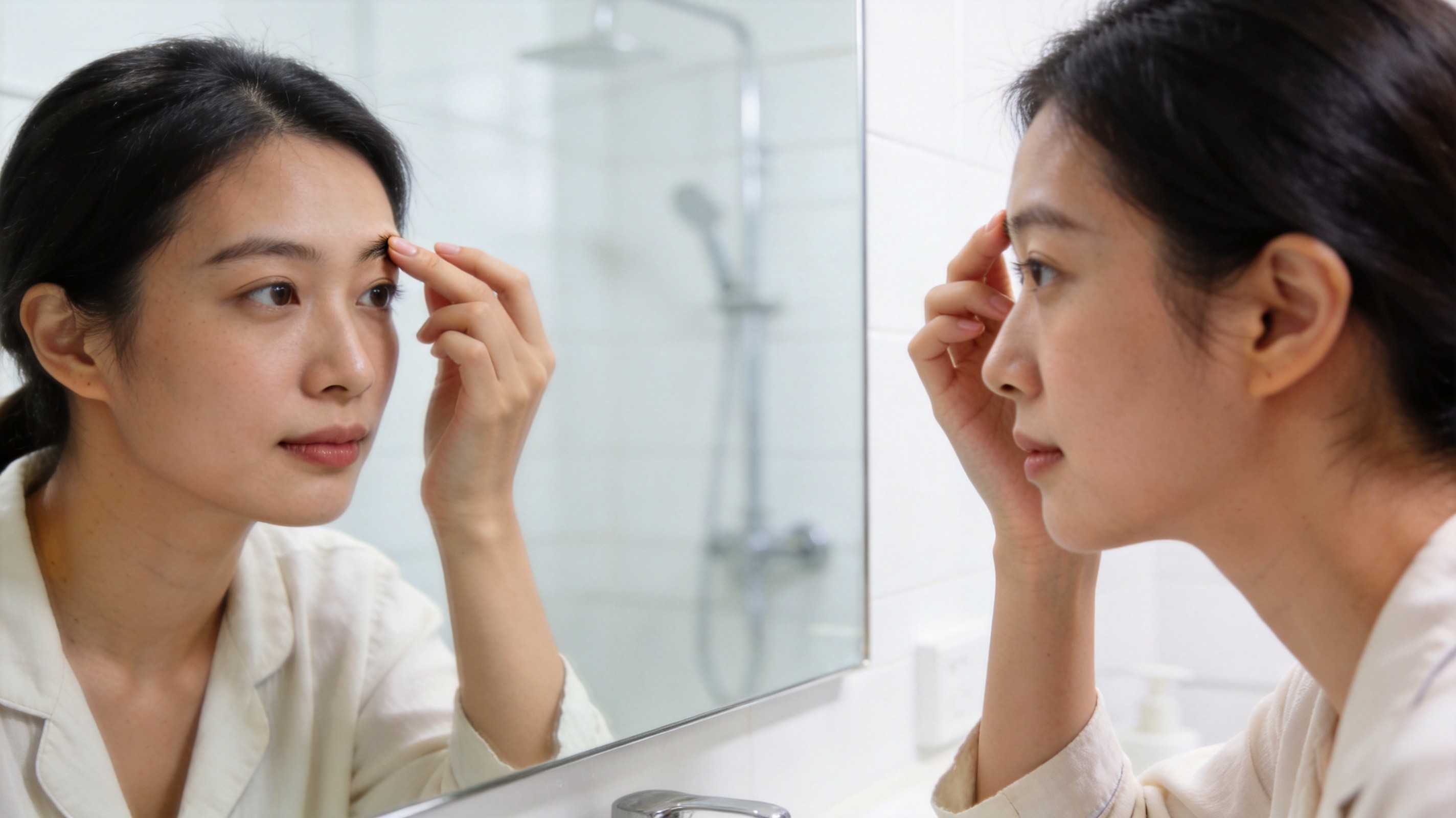 纹眉后对镜查看效果,眉形清晰自然,毛流感细腻